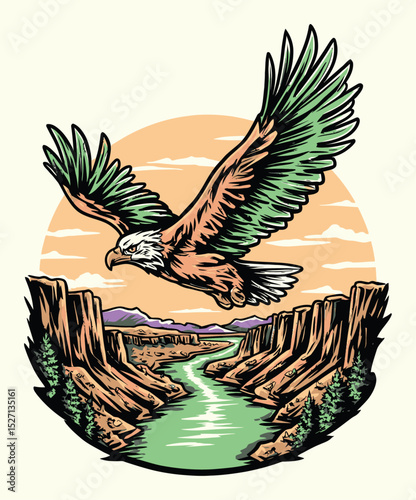 Majestic Eagle Soaring Over Scenic Canyon with River and Nature Elements