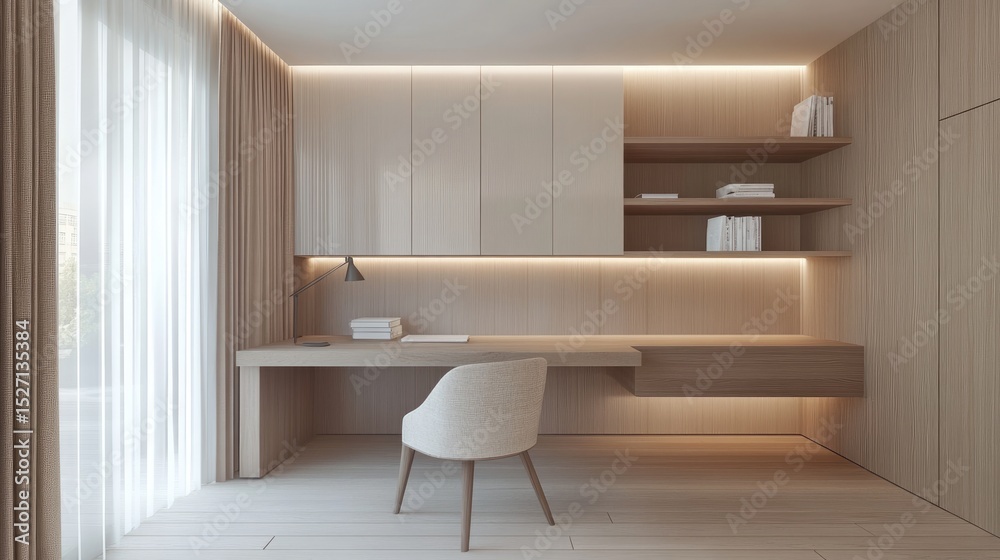 Fototapeta premium Minimalist studio workspace with clean desk, task lighting, shelves, and neutral colors creating a focused vibe