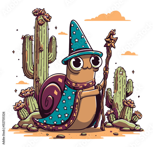 Enchanted Snail Wizard Surrounded by Cacti in a Magical Desert Landscape