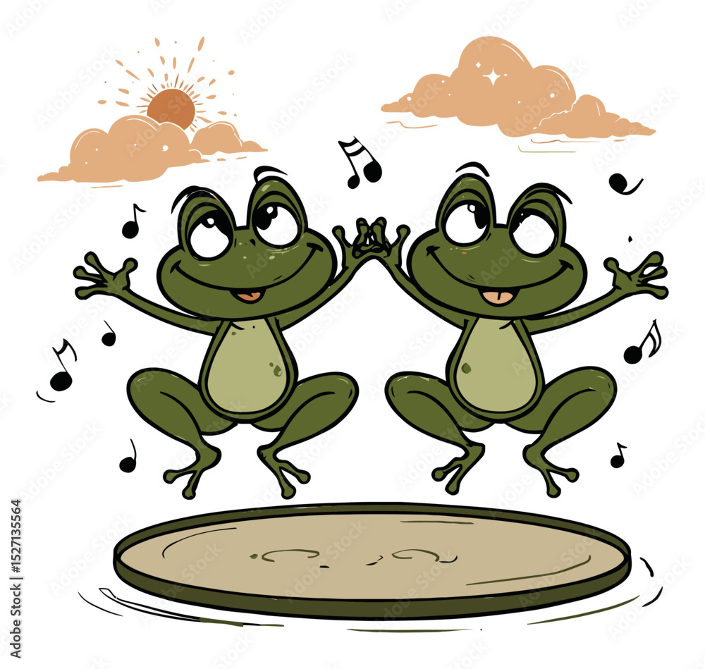 Fototapeta premium Happy Frogs Jumping with Musical Notes in Fun Vector Illustration