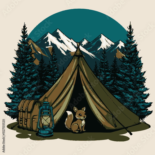 Cozy Camping Scene with Tent, Lantern, Forest, and Cute Fox Character