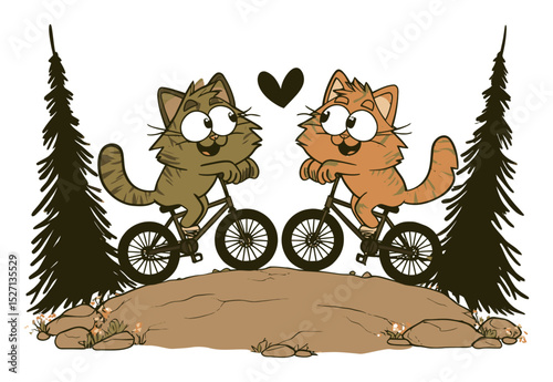 Playful Cartoon Cats on Bicycles Enjoying a Heartfelt Moment in Nature