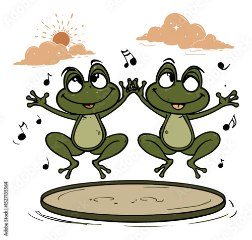 Happy Frogs Jumping with Musical Notes in Fun Vector Illustration