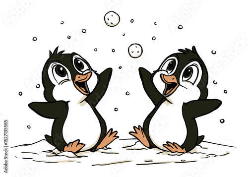 Two Playful Penguins Enjoying a Snowball Fight in a Vector Illustration