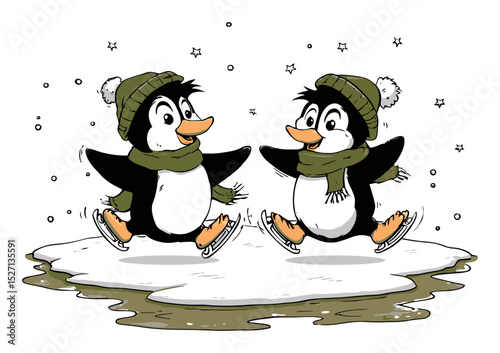 Playful Penguins Ice Skating on a Winter Wonderland Scene