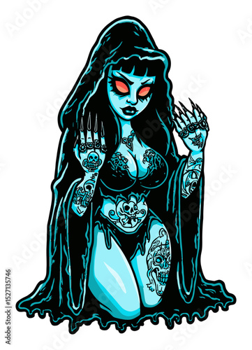Creepy Cartoon Woman with Tattoos and Gothic Elements in Vector Style