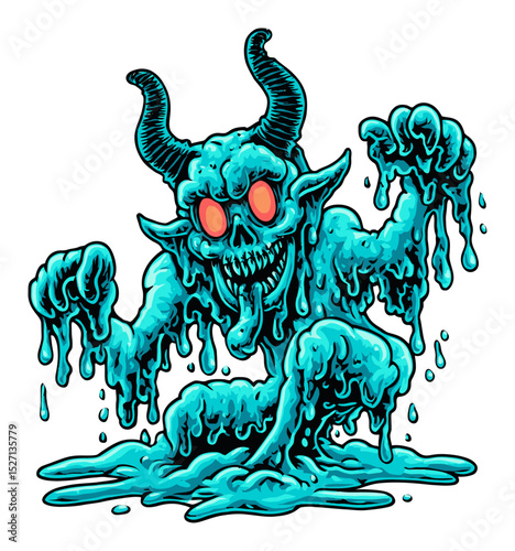 Vivid Cartoon Monster with Glowing Eyes and Slime Effect in Vector Art