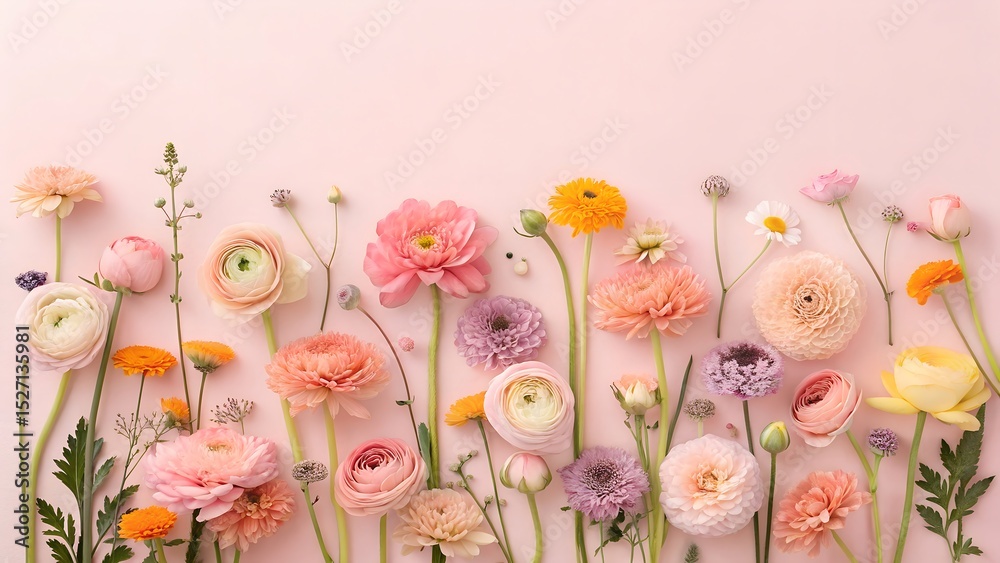 Fototapeta premium Pastel pink and orange flower arrangement on pink background
