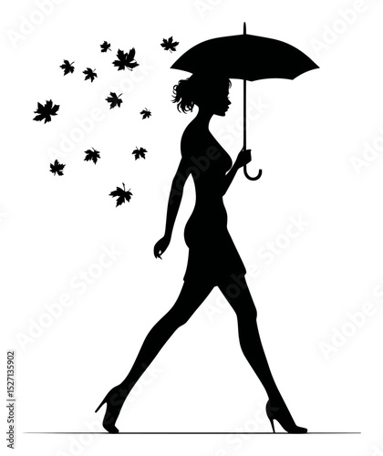 Elegant Silhouette of Woman with Umbrella Surrounded by Falling Leaves