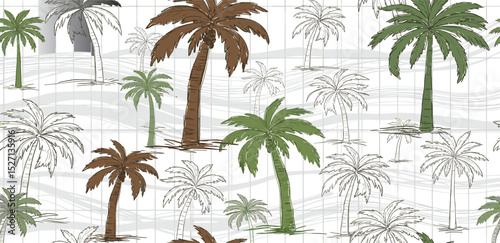 One line drawing tropical palm trees seamless pattern. Brown and green ink drawing jungle plants, sketch. Hand drawn summer vacation background, brush stroke texture, textile design
