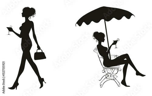 Elegant Silhouette of a Woman Holding a Drink in Stylish Poses