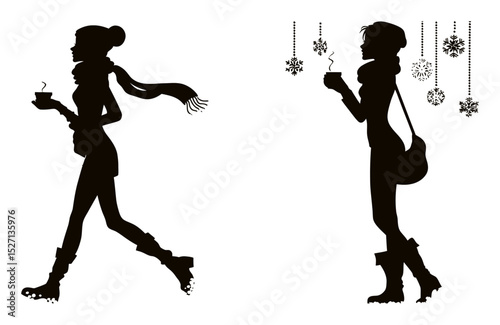 Elegant Winter Silhouette of Woman with Coffee and Snowflake Decorations