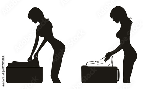Elegant Silhouettes of Women Folding Laundry in Artistic Hand-Drawn Style