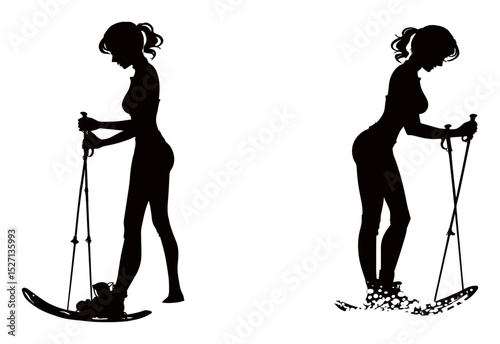 Silhouette of Woman Skiing in Snow with Ski Poles and Skis in Motion