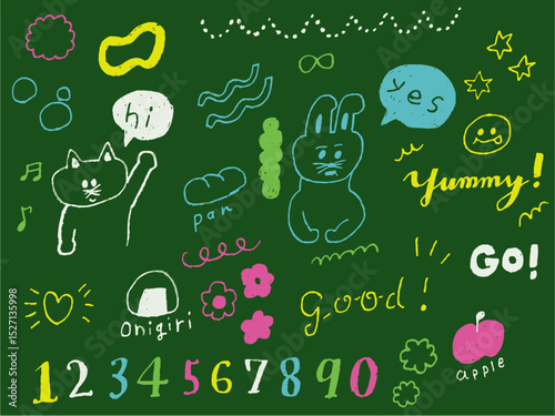 手描きイラストセット　黒板　チョーク　落書き