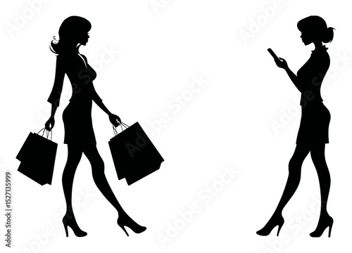 Elegant Silhouettes of Women with Shopping Bags and Mobile Phones