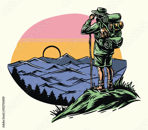 Adventurer Standing on Hilltop with Mountains and Sunrise in Background