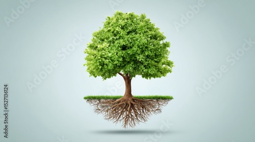 The growth concept of corporate mergers. A vibrant green tree with exposed roots appears to float, symbolizing growth, stability, and connection between visible and hidden elements.