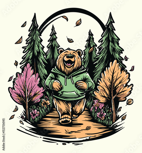 Cheerful Bear in a Hoodie Enjoying a Colorful Forest Adventure Walk