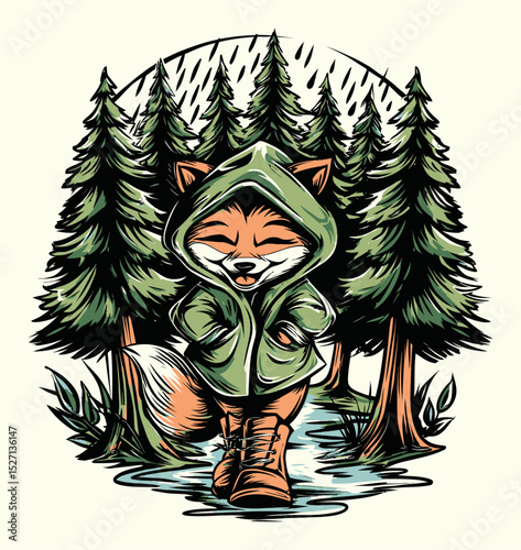 Whimsical Cartoon Fox Character in Forest with Rainy Atmosphere Illustration