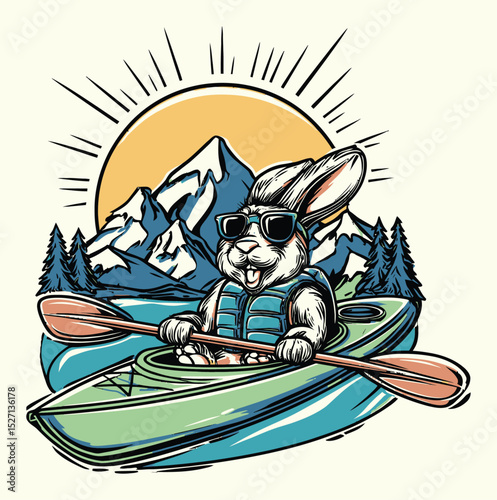Cartoon Rabbit in Sunglasses Kayaking on Scenic Mountain Lake Adventure