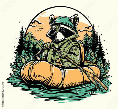 Adventurous Raccoon in Raft Surrounded by Nature and Mountains