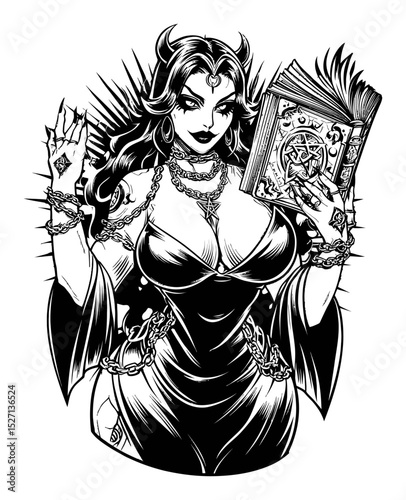Gothic Fantasy Illustration of Enigmatic Woman Holding Magical Book