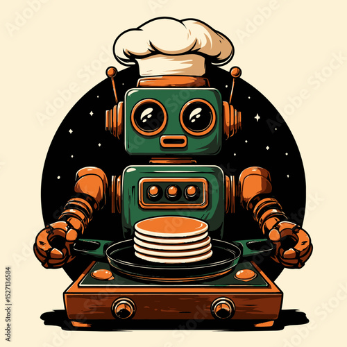 Charming Cartoon Chef Robot with Pancakes and Retro Design Elements