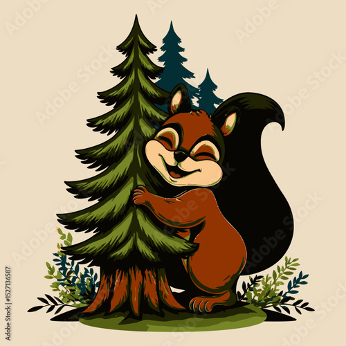 Cute Cartoon Squirrel Embracing a Tree in Vibrant Illustration Style
