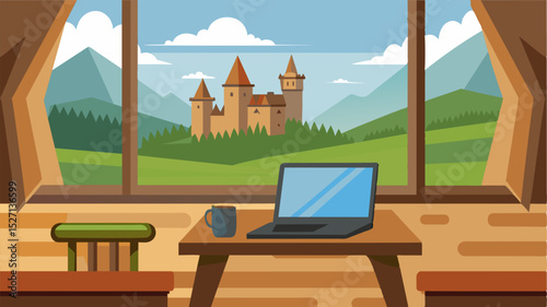 The convenience of a laptop set up on a wooden desk in the commanders office overlooking the expansive grounds of a fortified castle.. Vector illustration
