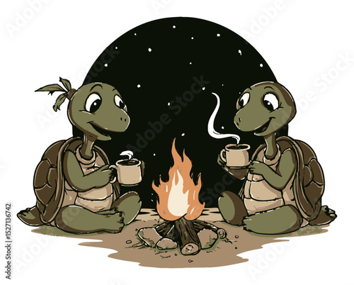 Two Friendly Turtles Enjoying a Campfire Under a Starry Night Sky