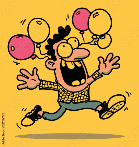 Happy Character Jumping with Balloons in Vibrant Hand-Drawn Style