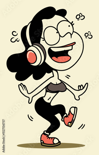 Happy Girl Dancing with Headphones in Fun Hand-Drawn Style Illustration