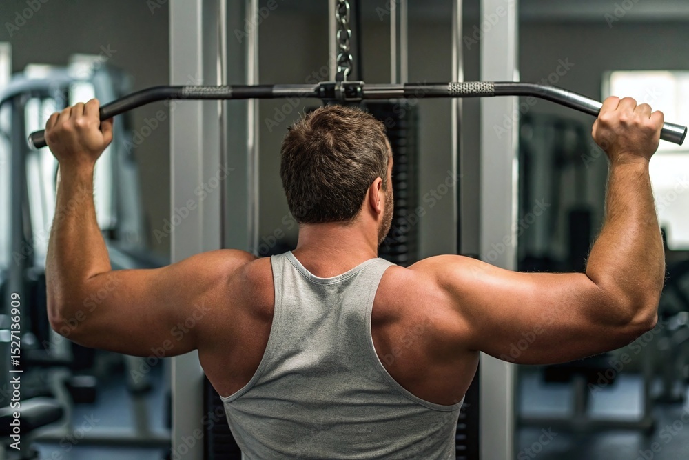 Naklejka premium Plus size man demonstrating strength training in a gym setting with a focus on back muscles and resistance equipment
