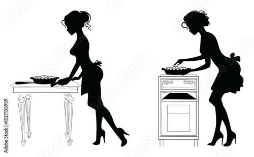 Elegant Silhouette of a Woman Preparing Pie in Kitchen Environment