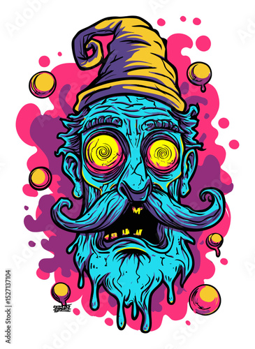 Vibrant Cartoon Character with Spiraling Eyes and Colorful Background Design