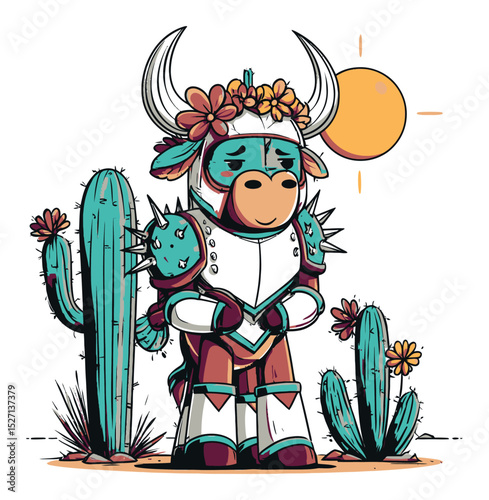 Cute Cartoon Bull in Armor Surrounded by Cacti and Flowers During Sunset