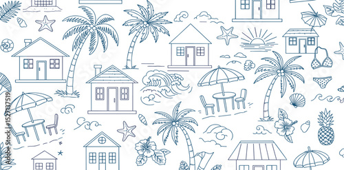Blue tropical beach seamless pattern. Ink drawing summer vacation print with houses, palms, sea scene, sunset, elements. Cute vector illustration, textile design, exotic wallpaper, repeat background