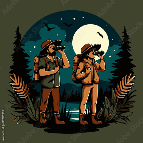 Adventurers Observing Night Sky in Forest Scene with Moon and Birds