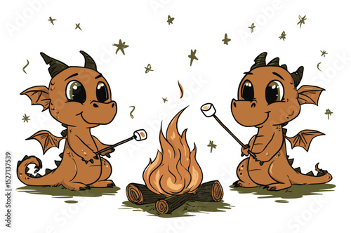 Cute Dragon Characters Roasting Marshmallows by Campfire in Vector Art