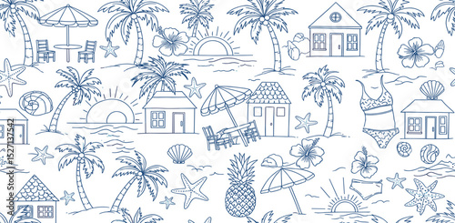 Blue tropical beach seamless pattern. Ink drawing summer vacation print with houses, palms, sea scene, sunset, elements. Cute vector illustration, textile design, exotic wallpaper, repeat background