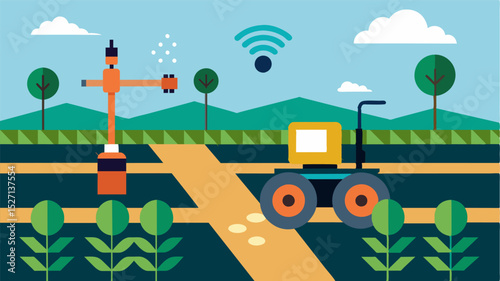An automated soil health sensor being used in conjunction with precision farming equipment for highly accurate and efficient farming practices.. Vector illustration