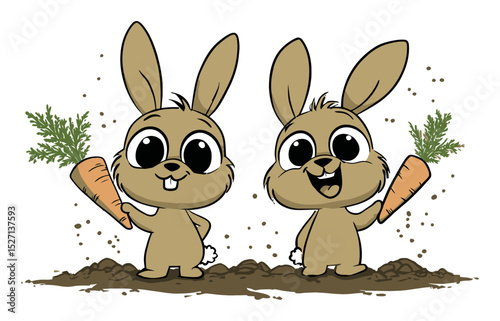 Cute Cartoon Rabbits Holding Carrots in Colorful Vector Art Illustration