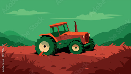 A lone tractor sits abandoned in the middle of the field covered in rust and slowly being swallowed by the encroaching vegetation. Its once bright red paint is fading and chipped a. Vector