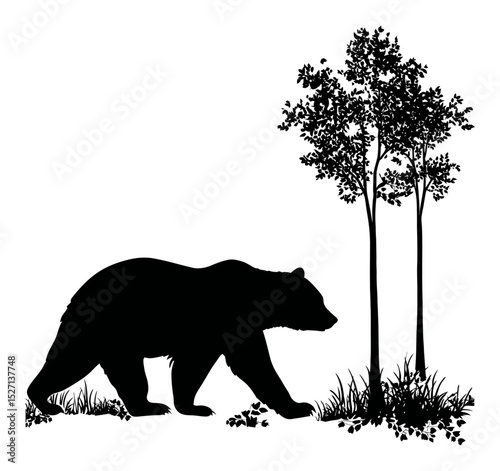 Hand-Drawn Silhouette of a Bear Walking Near Trees and Grass