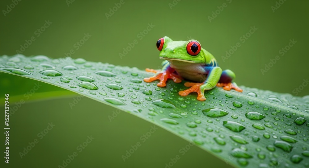Obraz premium Red eyed tree frog on leaf with water droplets amphibian wildlife rainforest animal nature photography