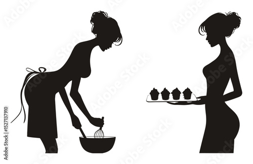 Silhouette of Woman Baking Cupcakes in Hand-drawn Style
