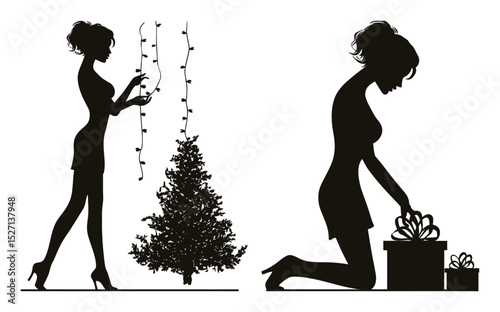 Elegant Silhouettes of a Woman Decorating a Christmas Tree and Gift