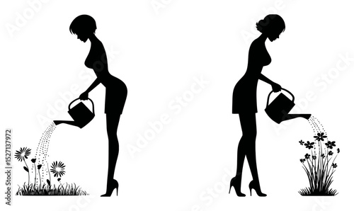 Elegant Silhouettes of Women Watering Flowers in Hand-Drawn Style