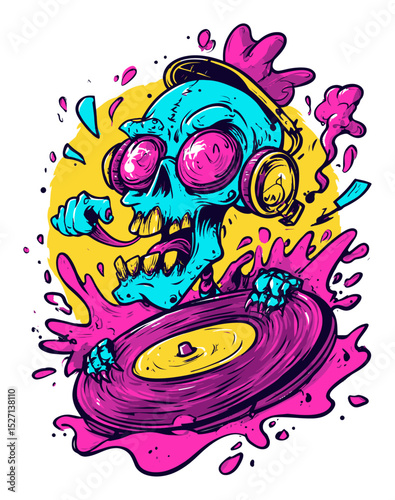 Vibrant Cartoon Skull DJ with Headphones and Colorful Graffiti Background
